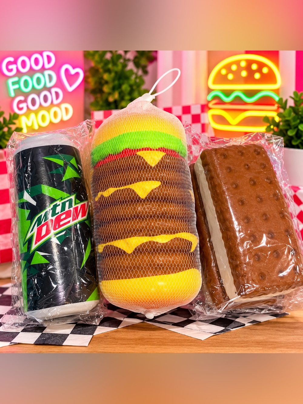 🍔🥤🍦 NWT Jumbo Foodie Squishy Toy Bundle – Mtn Dew, Burger & Ice Cream Sandwich